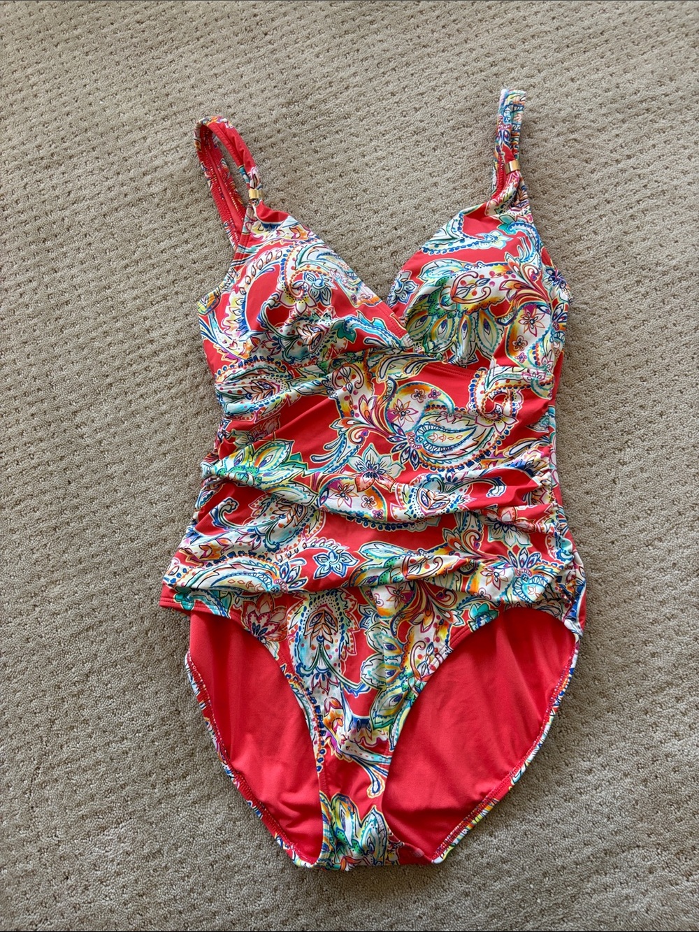 Lauren Ralph Orange Paisley Ruched One-Piece Swimsuit